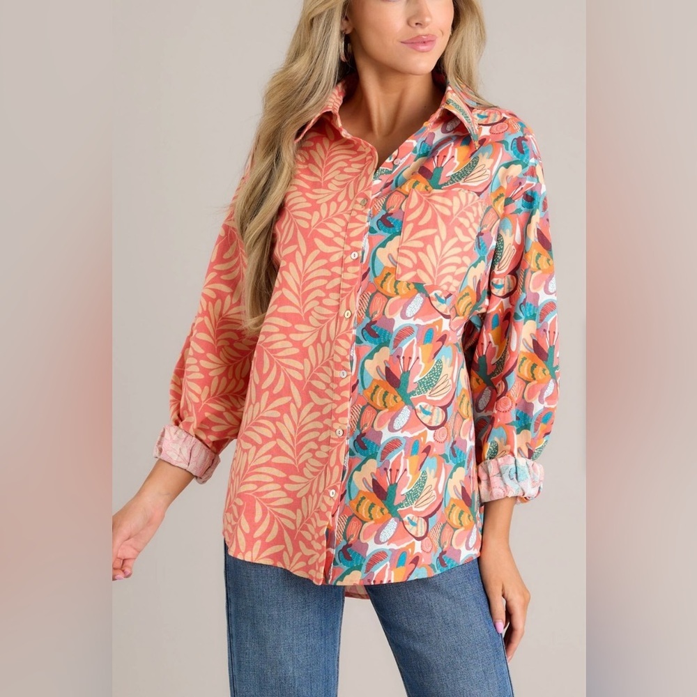 AURA All The Things Coral Floral Print Blouse Cotton Blend Size M NWOT